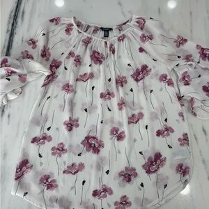 Chaps White Blouse with Pink Floral Pattern